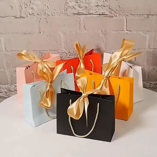 Personalized Design Boutique Colorful Ribbon Luxury Custom Printed Small Gift Paper Shopping Bag with Your Own Logo 