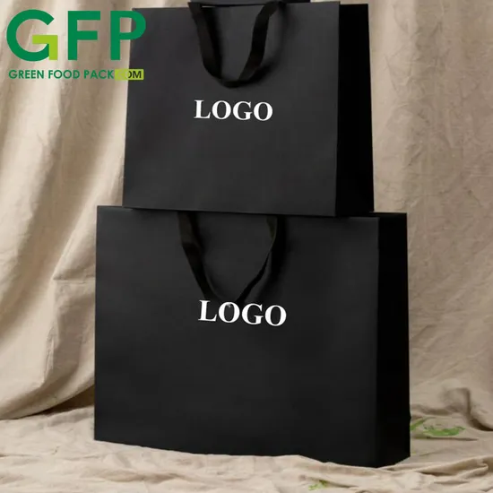 Custom Printed Logo Gold Foil Stamping Luxury Large Packaging Shopping Black Paper Gift Bag with Handle 